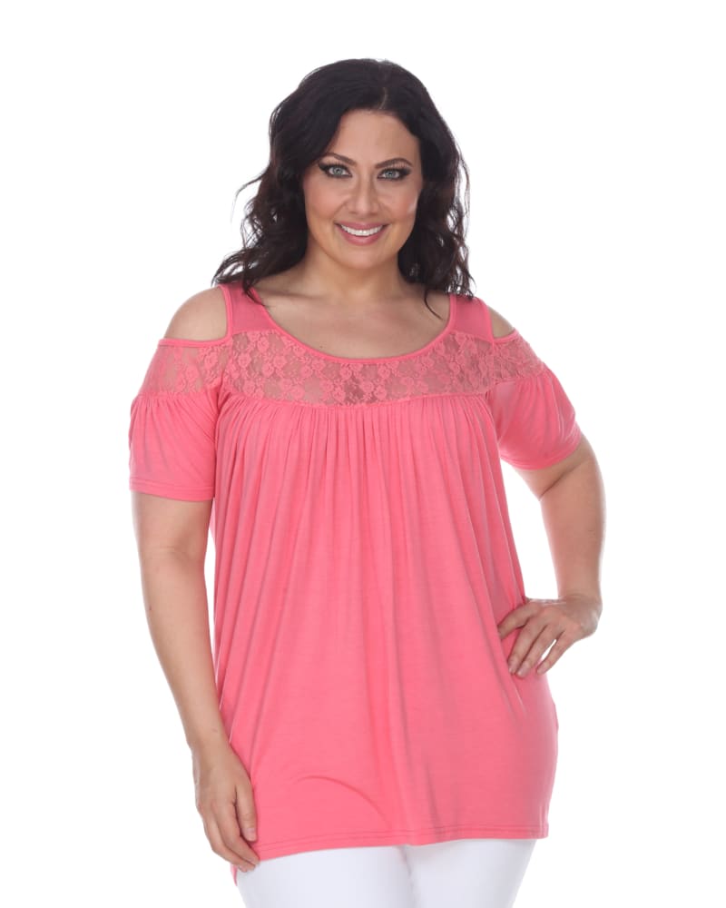 Front of a model wearing a size 4X Bexley Lace Tunic Top in Coral by White Mark. | dia_product_style_image_id:257417